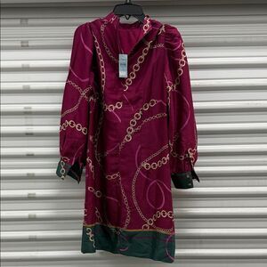 Ann Taylor Burgundy Chain Print Long Sleeve Dress, Size XS